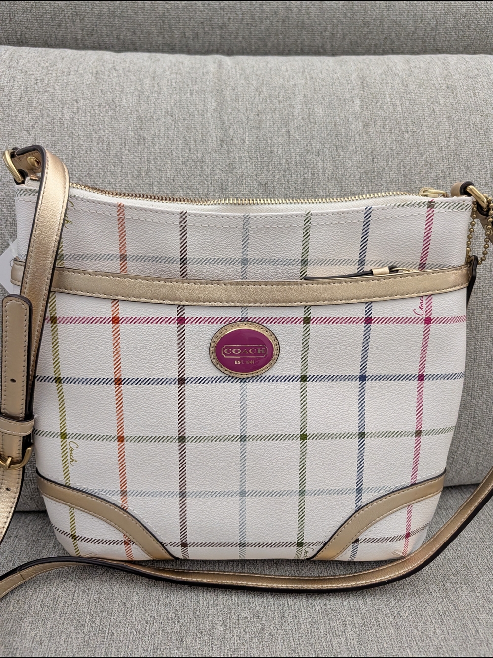 New - COACH White Plaid Crossbody Bag with Multicolor Stripes